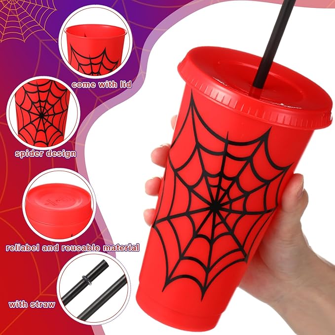 Newtay 24 Pieces Spider Cups with Straws and Lid - 24 Oz Reusable Plastic Spider Web Tumbler Red Black Blue Cups Bulk for Cartoon Birthday Baby Shower Party Favors Decoration Supplies