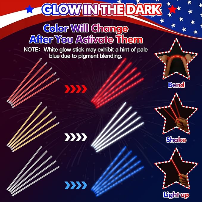 BUDI 467Pcs 4th of July Accessories Glow Sticks: Red White Blue Glow in the Dark Patriotic Party Favors Necklace Bracelets Glasses for Kids Adults 210 GlowSticks 8“ with 257 Connectors Light Up Toys