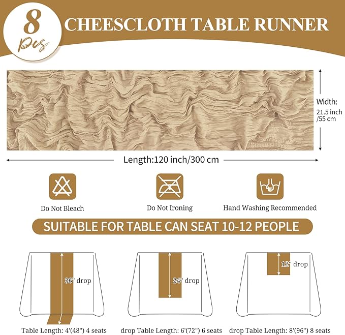 8 Pack 10Ft Cheesecloth Table Runner Beige, 20 x 120 Inch Rustic Gauze Boho Cheese Cloth Wedding Long Table Runner for Wedding Party Bridal Shower Decoration