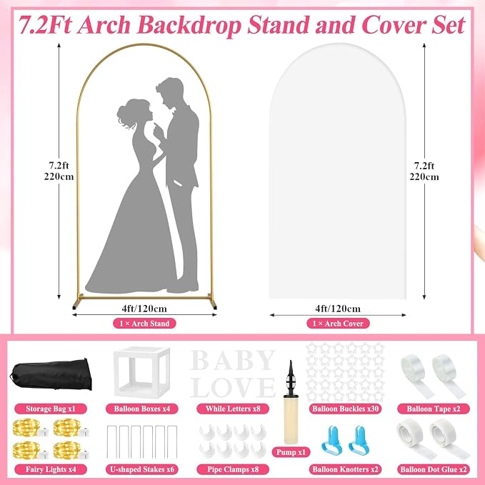 7.2FT Wedding Arch Backdrop Stand and White Cover Set for Party Event Decor | Metal Arch Stand with Spandex Backdrop Cover, Balloon Boxes, Letters, Tying Tool Kit for Baby Shower Gender Reveal Birthday