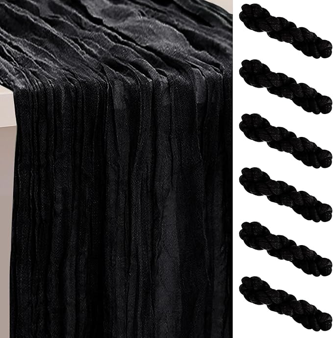 6 Pack Black Cheesecloth Table Runner 35x120 Inch 10Ft Rustic Gauze Cheese Cloth Halloween Table Runner Sheer Cheesecloth Table Runners for Wedding Party Bridal Shower Decoration