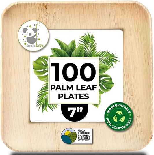Palm Leaf Plates Bamboo Disposable Square 7 inch 100 Bulk Party Pack Elegant Sturdy Design Better Than Paper and Plastic Plates by Koalalove (KoalaLove-PLP-7IN-100-Plates)