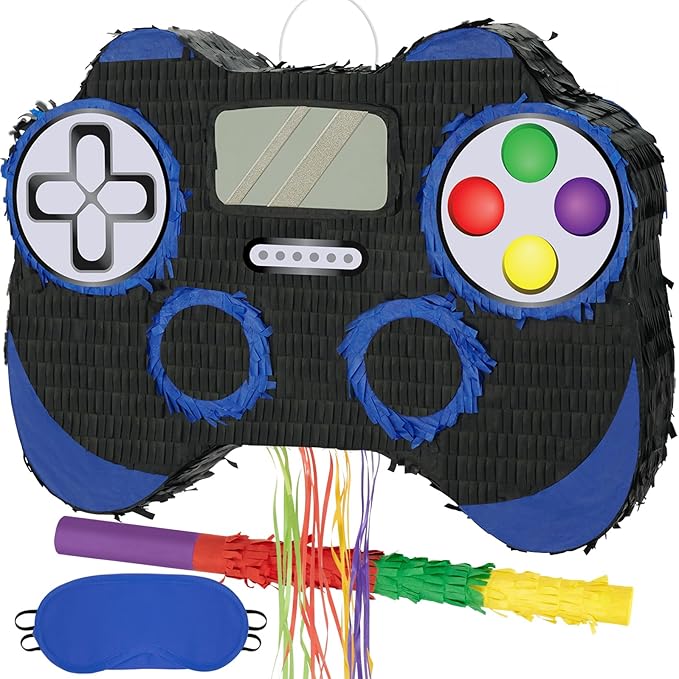 WERNNSAI Video Game Piñata - Game Controller Piñata Bundle with Blindfold and Bat for Boys Kids Piñata Gaming Theme Party Decoration Supplies Pull String Piñata for Birthday Party Celebration Blue