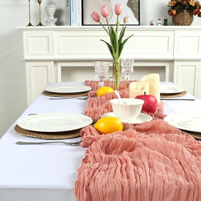8 Pack Peach Cheesecloth Table Runner 10ft Boho Gauze Fabric 120 Inch Cheese Cloth Table Runner Rustic Sheer for Holiday Baby Shower Party Décor Home Wedding Decoration