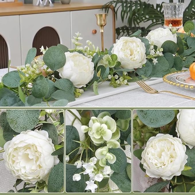 2pcs Artificial Flowers Garland 6FT Silk Peony Vine with Eucalyptus Leaves Faux Floral Garlands for Wedding Arch Door Wall Hanging Party Home Decoration (White)