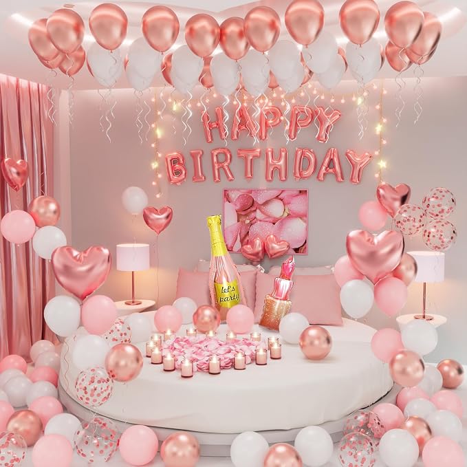 Rose Gold Happy Birthday Decorations for Women Pink and Rose Gold Biirthday Balloons Letters Banner with Heart-Shaped Champagne Bottle Lipstick Balloons Rose Petals for Room Birthday Party Decor