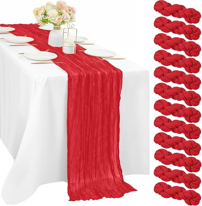 Red 12 Pieces 35 x 120 Inches Long Cheesecloth Table Runner Gauze Fabric 10Ft Boho Table Runner Rustic Sheer Runner for Wedding Baby Bridal Shower Birthday Holiday Party Table Arbor Decor (Red)