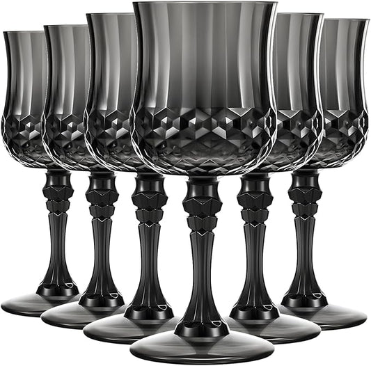 Pinkunn 6 Pcs 7 oz Plastic Vintage Wine Glasses Reusable Colored Goblets Patterned Drinking Water Glasses Cup Dishwasher Safe for Mother's Day Wedding Reception Party Supplies (Black)