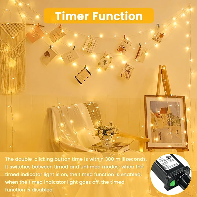 Connectable 1Pack String Lights Indoor, 33FT 100LED String Lights, 13Modes Twinkle Fairy Lights Plug in Outdoor Waterproof, Warm White Clear Wire Light for Christmas Tree, Wedding Yard, Party Decor