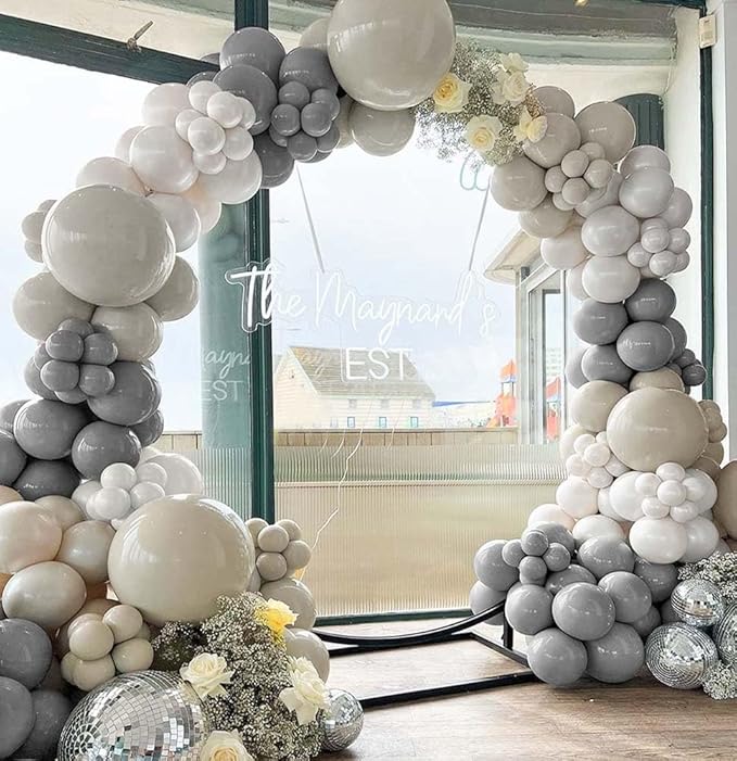 Grey White Sand Balloon Garland - Double Stuffed Beige Pearl White Neutral Balloon Arch Kit with Silver Color for Bridal Wedding Baby Shower Birthday Party Decoration