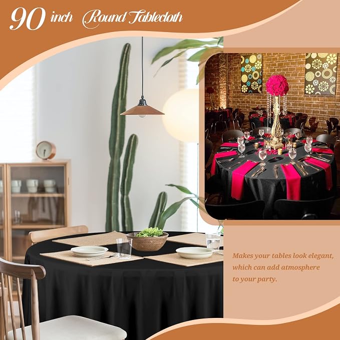Fani 6 Pack Black Round Tablecloth, 90 Inch Polyester, Stain & Wrinkle Resistant, Washable Fabric, Circular Table Cover for Wedding Party Dining Banquet