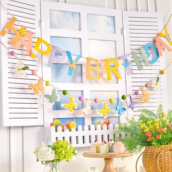 Felt Happy Birthday Banner, Butterfly Birthday Banners, Felt Party Banners, with Handmade Butterfly Garland, Pre-Strung Birthday Decorations for Girls Women Flower Spring Garden Party