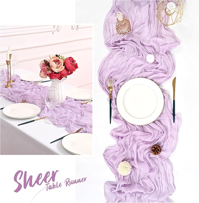 24 Pack Lavender Cheesecloth Table Runner,10FT Boho Gauze Tablerunner,35x120inch Rustic Table Runners for Wedding Party Bridal Shower Thanksgiving Christmas Boho Table Decoration