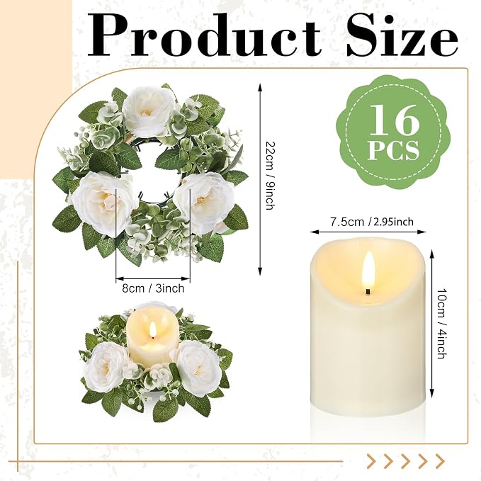 Yunlly 16 Set Rose Candle Rings Wreaths 3 Inch Center with Flameless LED Candles Artificial Rose Light Garland Fake Electric Votive Tealights Bulk Funeral Wedding Table Centerpieces Decor(White)