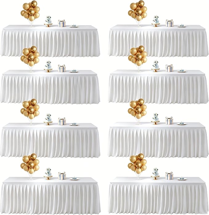 Wish Care 8 Pack Satin Table Cover Skirts for 6ft Rectangular Tables, White Shimmer Silk Tablecloth with Floor Length Ruffle for Wedding Banquet Party Buffet Decoration