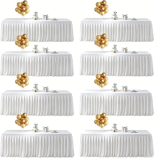 Wish Care 8 Pack Satin Table Cover Skirts for 6ft Rectangular Tables, White Shimmer Silk Tablecloth with Floor Length Ruffle for Wedding Banquet Party Buffet Decoration