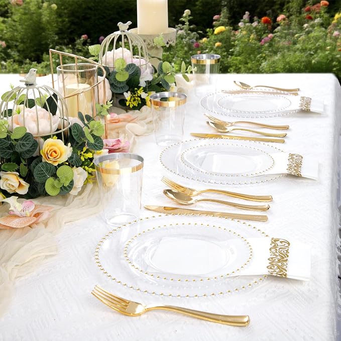 LIYH 350 Pcs Clear Gold Plastic Plates - Disposable Dinnerware Set Include Elegant Dinner & Dessert Plate Cups Gold Silverware for Birthday Party Wedding - Clear Gold 50 Guests
