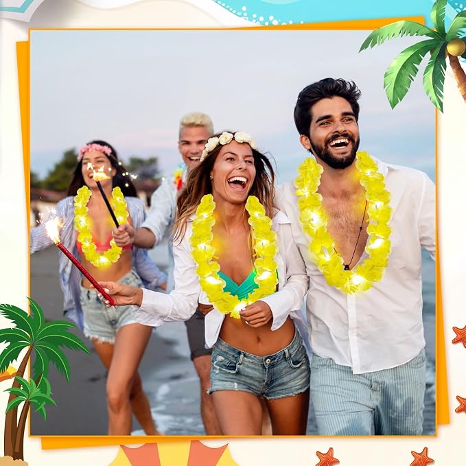 Sherr 48 Pcs LED Hawaiian Leis Light up Flower Leis Necklace with LED Lights Luau Flowers Necklaces for Masquerade Beach Wedding Tropical Themed Party Supplies (Yellow)