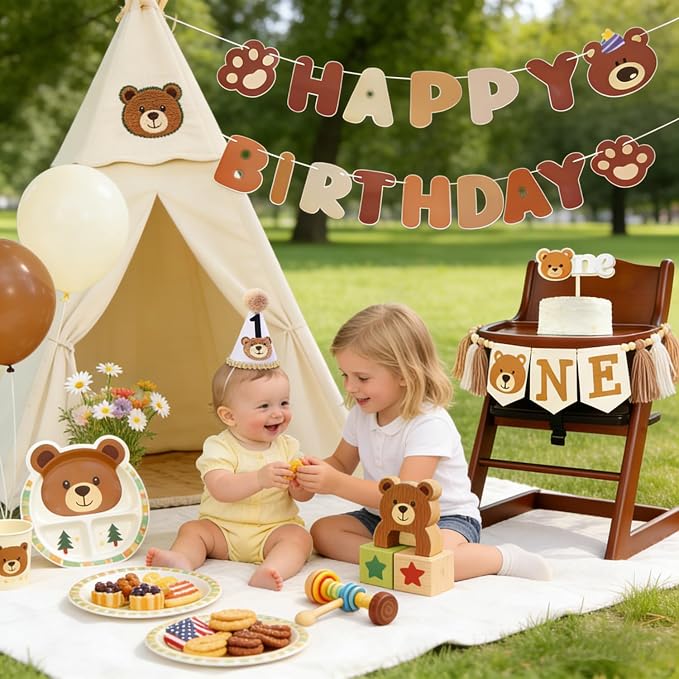 1st Birthday Decorations For Boy Girl - Bear Birthday Party Decorations With Felt Happy Birthday Banner, Birthday High Chair Banner, Cake Topper & Party Hat, First Birthday Decor Kit For Baby Shower