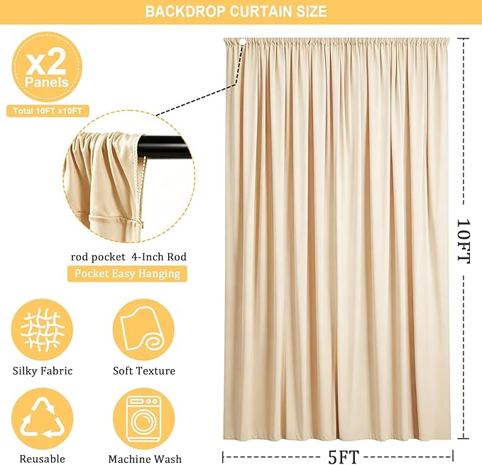 Gallety Warm Ivory Backdrop Curtain for Wedding, Photo Backdrop Curtain for Bridal Shower Decorations - 10 x 10FT Ivory Backdrop Fabric with Rod Pockets for Celebration,Birthday Party,Graduations