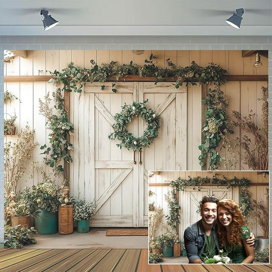 Rustic Barn Door Photography Backdrops, White Painted Brick Wall Wood Door Green Leaves Garden Photo Backgrounds, Kids Family Portrait Baby Shower Children Birthday Backdrops Booth Photoshoot 8x6ft