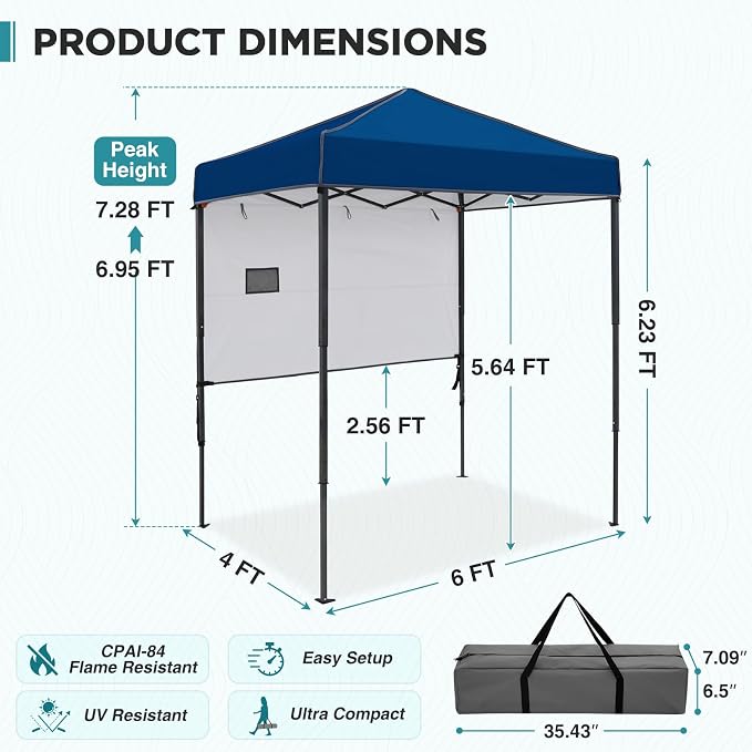 EAGLE PEAK 6x4 Instant Pop Up Canopy Tent with 1 Half Wall Panel, Straight Leg Sun Shelter, Portable Canopy with Carry Bag for Camping, Beach & Sports, Dark Blue