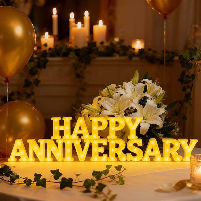 Honoson 16 Pcs Happy Anniversary Decoration Light up Letters Sign Wedding Anniversary Party Light LED Neon Table Decoration for Wedding Romantic Party Decor 32 (Aaa Batteries Are Required)