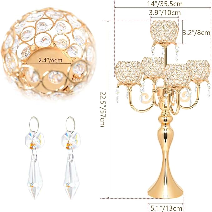 5 Arm Gold Candle Holder 22.5 Inch Tall Crystal with Pendant, Romantic Home Decor Elegant Candlestick Holder for Dates Wedding Receptions Holiday Party Important Events