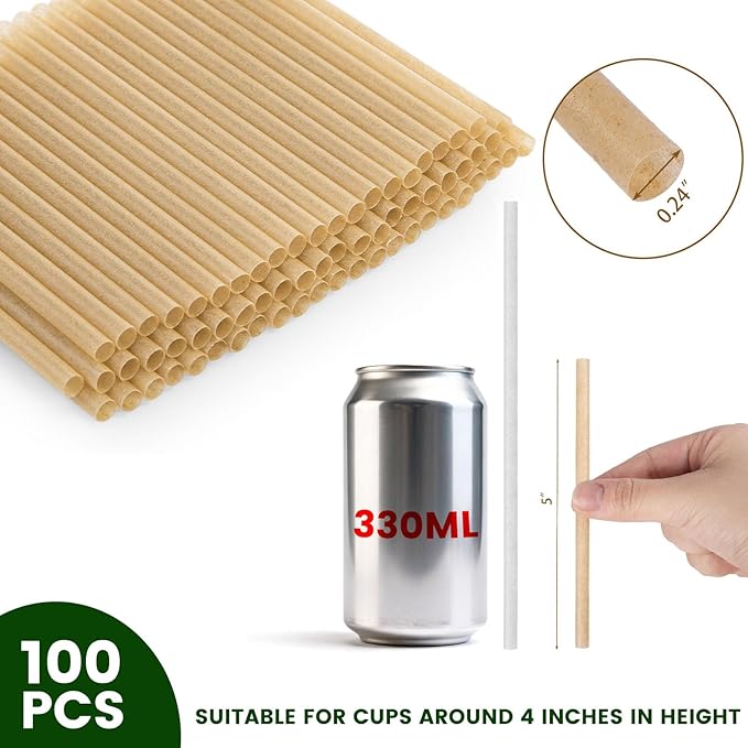 HANSGO Cocktail Straws, 5 Inch Short Sugarcane Straws Disposable Mini Cocktail Stirrers for Bar, 100PCS, Natural Brown