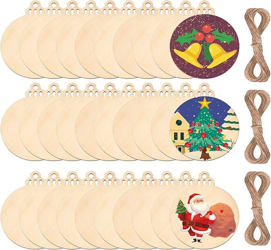pojah 60Pcs Wood Slices,3.5" Wooden Christmas Ornaments,Unfinished Predrilled Wood Circles for Crafts Centerpieces,DIY Round Wooden Discs Hanging Decorations