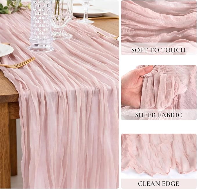 3 Pack Dusty Pink Cheesecloth Table Runner 35x120inch, 10FT Spring Summer Gauze Fabric Pink Table Runner Rustic Sheer Cheese Cloth Runners for Wedding Bridal Shower Boho Table Decor