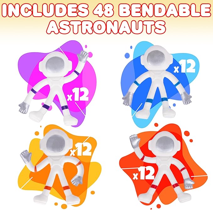 ArtCreativity 48 Piece Mini Bendable Astronaut Figurines, Astronaut Toys in 4 Assorted Colors, Space Party Favors, and Stress Relief Fidget Toy, Space Themed Party Favors for Kids