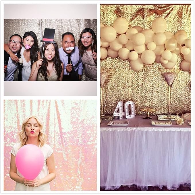 PartyDelight Light Gold Sequin Backdrop 6x7ft 4 Inch Rod Pocket | Dense 3mm sequins on mesh backing with 4 inch rod pocket for full body photos ceremony arches party walls and stage displays