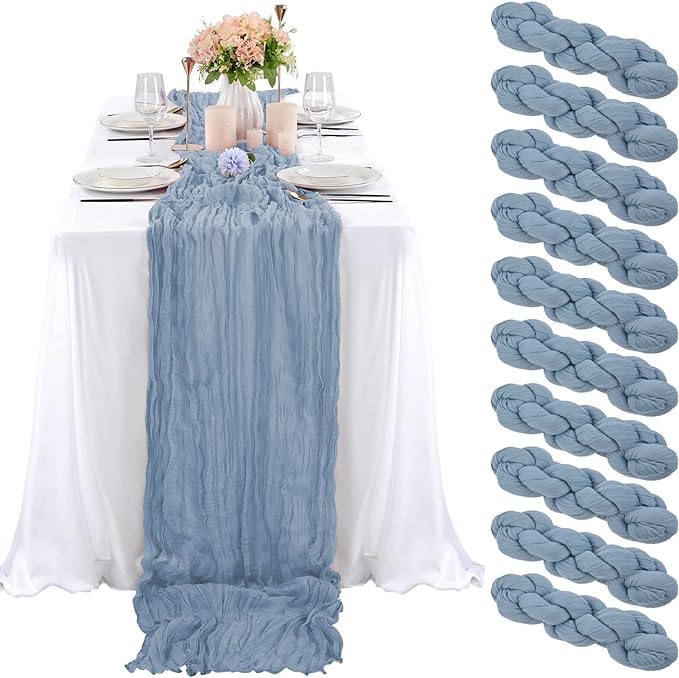 10 Pcs Dusty Blue Cheesecloth Table Runner 10FT, Gauze Table Runner for Wedding Reception Sheer Bridal Shower Birthday Party Boho Table Decoration, Rustic Romantic Wedding Runner