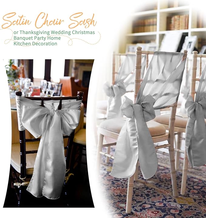 120 PCS Silver Satin Chair Sashes, Ties Bows Designed Chairs Decorative, Chair Cover Sashes for Thanksgiving Wedding Christmas Banquet Party Home Kitchen Decoration (7 x 108 inch)