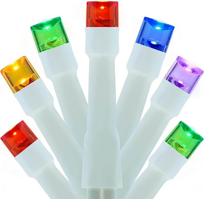 YULETIME 300 Multicolor String Lights, 100 ft 8 Models White Wire 5mm LED | Wide Angle Bulbs, Safe 29V Adapter, Multimode Lighting, Connectable, 100' Total Length, 1-Strand 300 Lights, 4" Spacing