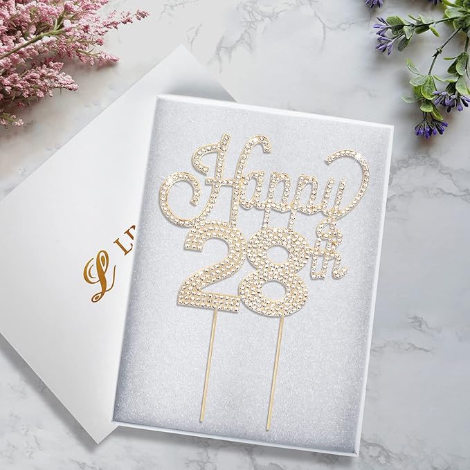 LINGTEER Happy 28th Birthday Gold Rhinestone Cake Topper - Cheers to 28th Birthday 28 Years Old Anniversary Party Cake Centerpieces Topper Decorations Gift Sign.