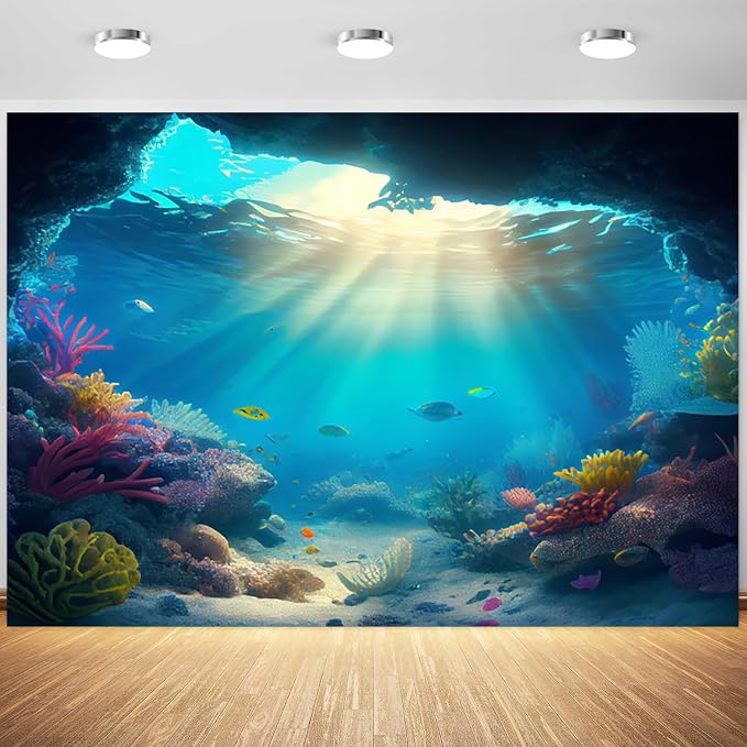 12x8ft Under The Sea Backdrop Underwater Blue Ocean Fish Coral Photography Background Kids Birthday Baby Shower Party Banner Cake Table Decorations Supplies Photo Booth Props