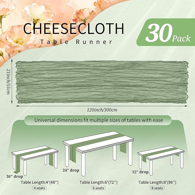 30 Pack Cheesecloth Table Runner 10FT Sage Green Table Runner Boho Gauze Cheese Cloth Table Runners Long Rustic Sheer Table Decorations for Wedding Party Baby Bridal Shower Birthday Holiday Home