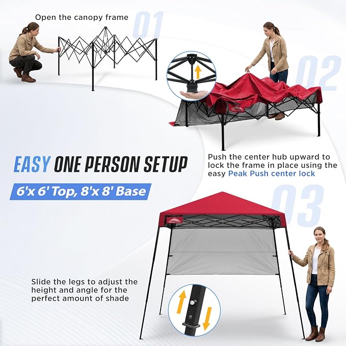 EAGLE PEAK 8x8 Pop Up Canopy Tent with Sidewall, Compact, Portable Slant Leg Instant Sun Shelter for Beach, Sports, & Camping, 8x8 Base 6x6 Top, Red