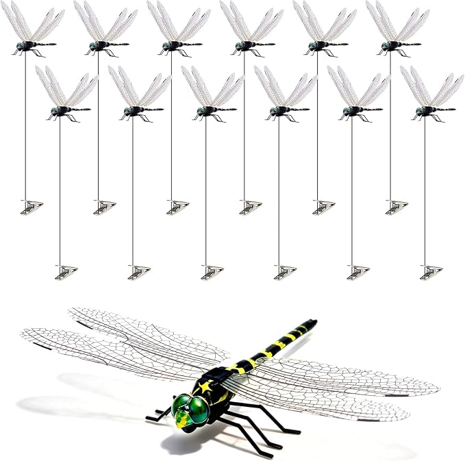 12 Pack 3D Dragonfly Clips, Fake Dragonflies with Stakes, Realistic Plastic Dragonfly Garden Decorations, Fly Deterrent Clips for Hats, Pets, Horses, Deer, Yard, Patio, Indoor & Outdoor Decor