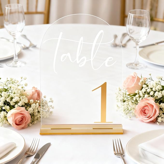 Arch Acrylic Wedding Table Numbers with Gold Font & Stands - 5''x7'' Clear Acrylic Table Number Signs for Wedding Reception, Anniversary, Event & Party Decor (Set 1-20)
