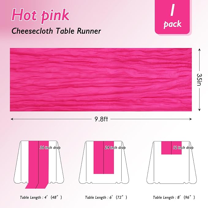 3 Pack Hot Pink Cheesecloth Table Runner 120 Inch 10FT Cheese Cloth Fabric Runners for Baby Shower, Valentine's Day, Wedding Decoration