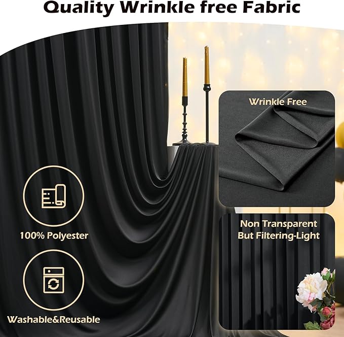 40ft x 10ft Wrinkle Free Black Backdrop Curtain for Parties, 8 Panels Silky Polyester Black Wedding Drapes for Backdrop 10 ft Photo Back Drop Cloth for Birthday Graduation Photography Background