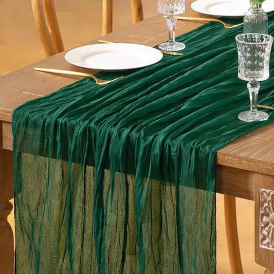 Emerald Green Cheesecloth Table Runner 12pcs 10FT Boho Rustic Sheer Gauze Cheese Cloth Table Runner 35x120 Inch for Wedding Bridal Baby Shower Birthday Home Decor