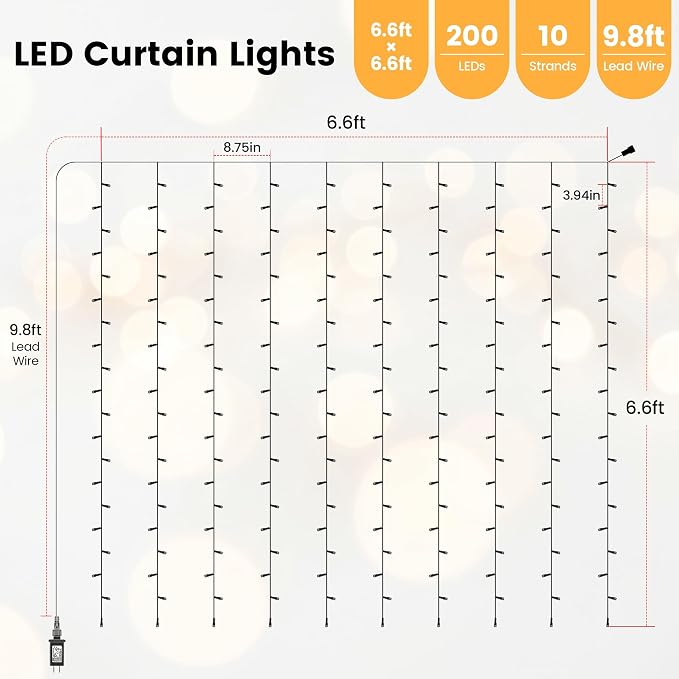 HEYFUNi 6.6FT x 6.6FT Warm White Curtain Lights Plug in, 200 LED | Window String Lights With Remote, 8 Modes, Timer, Memory, Connectable Fairy Lights for Bedroom, Wall, Wedding, Dorm Decor