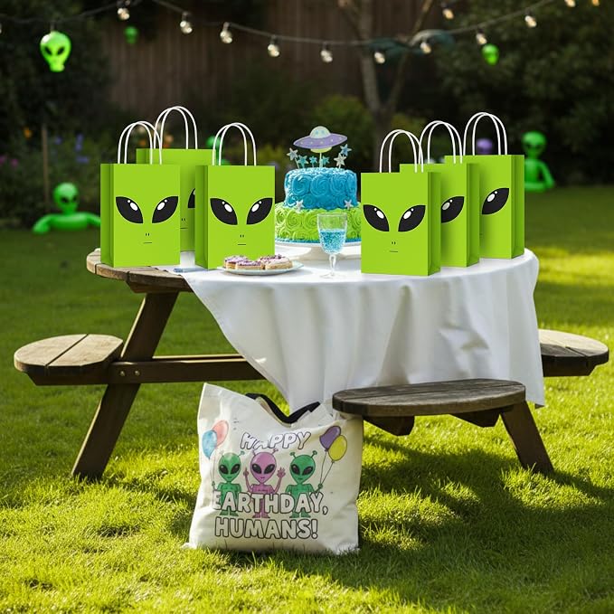 Tosstuki 12 Pcs Alien Gift Bags Alien Birthday Decoration Ufo Aliens Party Paper Bags with Handles for Kids Boys Girls Birthday Space Theme Celebrations Events Supplies