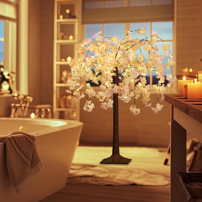 OUSHENG Lighted Cherry Blossom Tree LED Artificial Trees for Decoration Inside, Light up Fake Plant with Faux Flower for Home Wedding Party Festival Christmas Indoor Decor, Warm White, 4FT