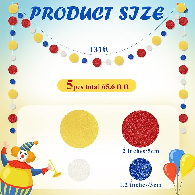 Outus 5 Pieces Colorful Circle Garland Banner Hanging Paper Dot Decorations for Classroom, Birthday Party, Baby Shower, Wedding Backdrop & Photo Booth Graduation Decor (Red,Blue,Yellow)
