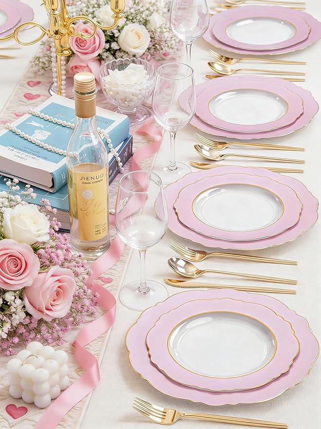 WDF 60Pcs Pink Plates Disposable with Gold Rim - Baroque Clear Pink and Gold Plastic Party Plates Ideal for Wedding/Baby Shower/Spring/Mother's Day